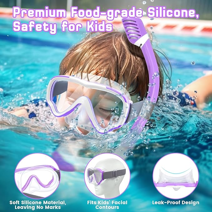 Vvinca Snorkeling Gear for Kids Dry Top Kids Snorkel Set for Boys Girls Junior Youth Children Age 4-14 Swim Goggles with Nose Cover Anti-Fog Panoramic View Adjustable Elastic Diving Mask and Snorkel