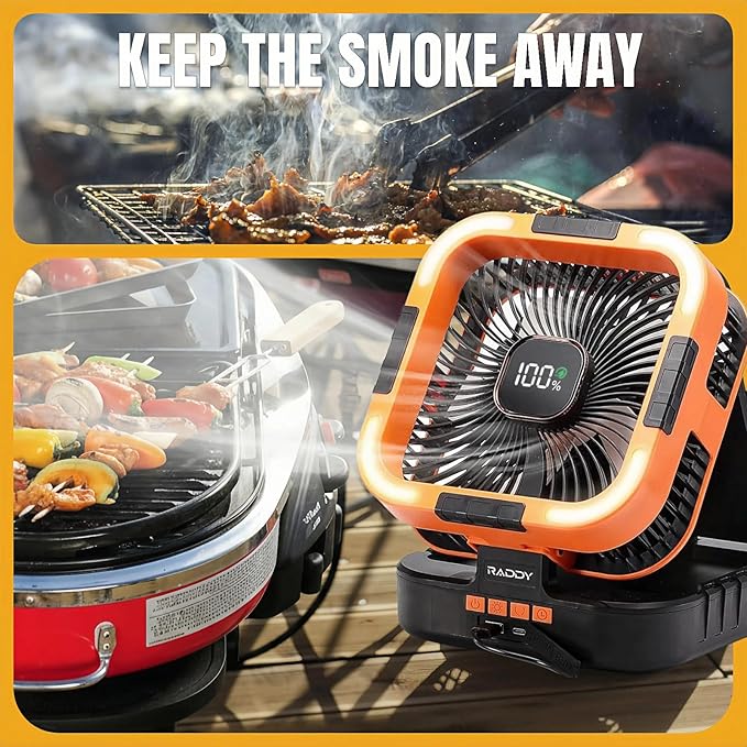 Raddy CF3 Solar Camping Fan Rechargeable, 20,000mAh Portable Fan Battery-Powered with 3W Solar Panel, USB Charging, LED Light, 6 Speeds, Oscillating for Outdoor Tent Travel Emergency