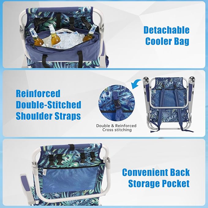 SUNNYFEEL Low Beach Chair 2 Pack, 5-Position Lay Flat Reclining, Backpack Portable Folding Chairs with Cooler Bag & Cup Holder, Heavy Duty 350 LBS, Compact for Beach, Camping, Travel