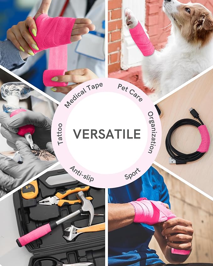 FriCARE Self Adhesive Bandage Wrap, Medical Tape in First Aid Kit, Cohesive Bandages for Wounds Sport Vet, 2 Inches X 5 Yards 6 Rolls, Pink