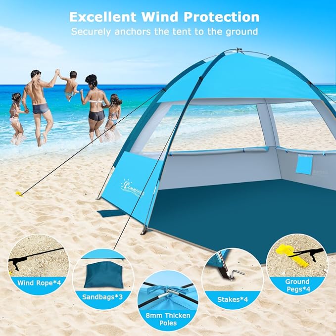 COMMOUDS Beach Tent Sun Shade for 3/4-5/6-7/8-10 Person, UPF 50+ Beach Sun Shelter Canopy Tent, Lightweight, Easy Set Up and Carry