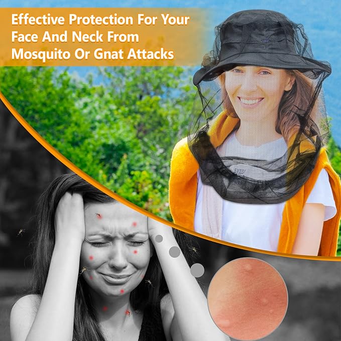 Mosquito Head Net for Insects, 4 Pack, Premium Bug Net for Head, Fly & Bug Protection | Ultra Large & Long, Finest Holes for Camping, Hiking, Fishing, Gardening, Fits All Hats for Men & Women