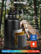 Tactical Half Gallon Water Bottle with Straw, 64 oz Insulated Water Jug with Molle Sleeve, Stainless Steel Sport Bottle with 3 BPA Free Lids for Gym Workout Hiking (Gray, 64OZ)