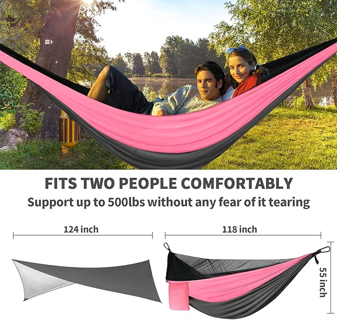 Camping Hammock Pink Grey Hammocks with Mosquito Net Tent and Rain Fly Tarp Portable Single & Double Nylon Parachute Hammock with Heavy Duty Tree Strap Outdoor Backpacking Survival Travel