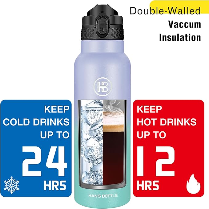 Han's Bottle Sports Water Bottle - 24 Oz, Straw Lid, Leak Proof, Vacuum Insulated Stainless Steel, Double Walled, Thermo Mug,Lilac green