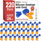 AZEN 220 Pairs Silicone Ear Plugs, Reusable Earplugs for Noise Reduction, 25dB NRR Corded Ear Plug for Sleeping Noise Cancelling, Ear Plug with String Individual Packing