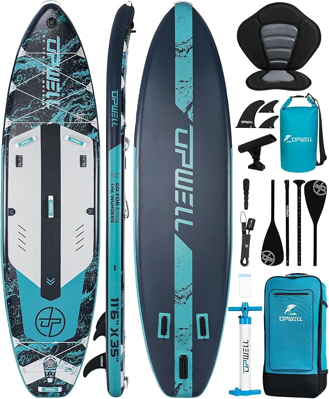 UPWELL 10'6"/11'/11'6" Inflatable Paddle Board, Stand Up Paddlboard for Youth & Adults, Stable Design, Premium SUP Accessories, Backpack, Leash, Hand Pump, Fins