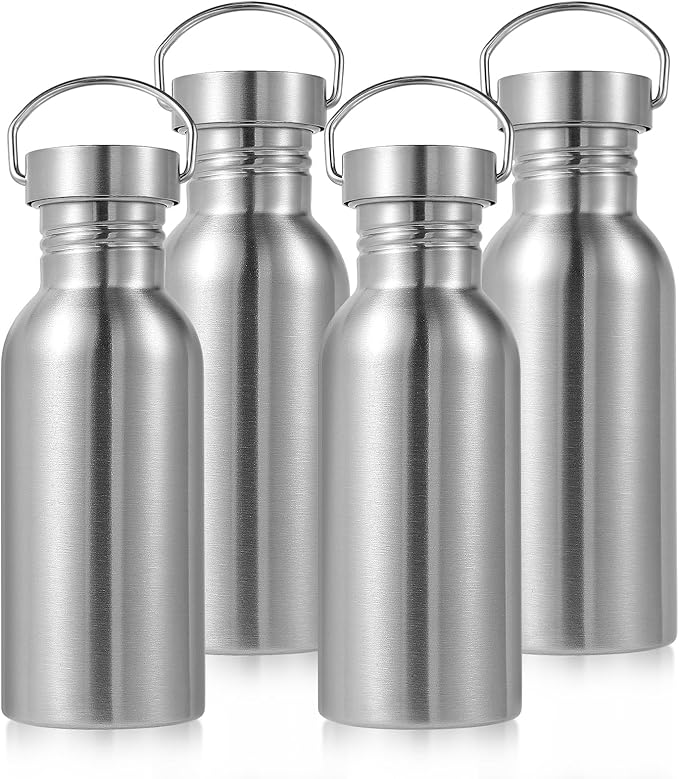 Volhoply 20oz Stainless Steel Water Bottle with Handle 4 Pack,Non Insulated Single Wall, Dishwasher Safe No Plastic 18/8 304 Metal Water Bottles with Wide Mouth for Camping, Hikers, Cyclists