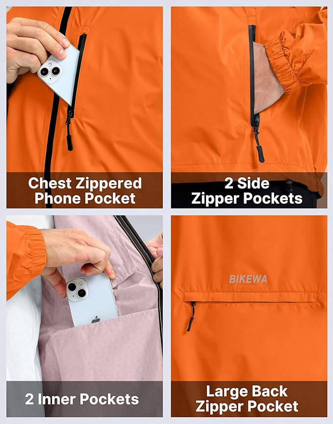 Men's Cycling Rain Jackets Waterproof Running Bike Windbreaker Lightweight Packable Hooded Jacket