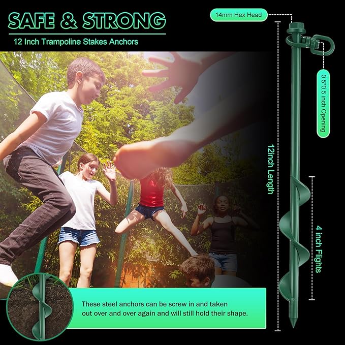 Zhengmy 8 Pcs Ground Anchors Screw in, 12 Inch Heavy Duty Tent Stakes with Trampoline Anchor Hook Ground Stakes for Camping Tent Canopies Ports Sheds Swing Sets Securing Animals (Green)