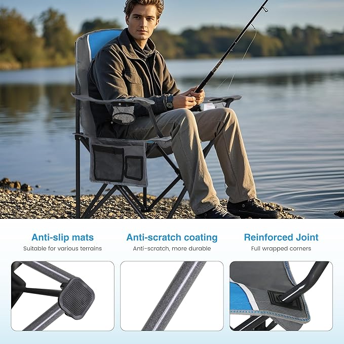 LET'S CAMP Oversized Outdoor Folding Camping Chair, Heavy Duty Arm Chair with Cup Holder and Storage Bag, 350 LBS Weight Capacity, Blue