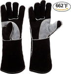RAPICCA Fireplace Gloves Fire Heat Resistant: Black 14IN - Fireproof Leather for Fireplace Fire Pit Wood Stove Campfire Furnace BBQ Grill Oven Stick Mig Welding Welder Gear - Birthday Gift for men