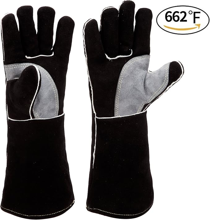 RAPICCA Welding Gloves Fire Heat Resistant: Black 16IN - Fireproof Leather For Stick Mig Flux-Core Welder Forge Blacksmith Fireplace Wood Stove Fire Pit Furnace Handling Dry ice - One Size 662℉