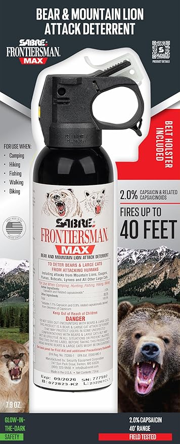 SABRE Frontiersman MAX Bear Spray – 40 ft Range, Maximum Strength, The Only EPA-Registered Spray for Bears & Mountain Lions, 7.9 oz, Glow Safety Clip, Outdoor Hiking & Camping Protection
