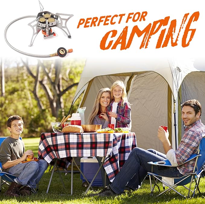 6800W Camping Stove with Fuel Canister Adapter Portable Backpacking Gas Stove with Piezo Ignition, 1LB Propane Tank Adapter, Butane Adapter for Outdoor Cooking, Picnic, Camping and Hiking