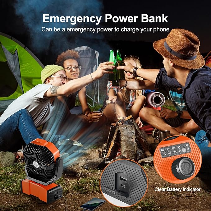 Odoland 40000mAh Camping Fan with LED Light, Battery Operated Oscillating Desk Fan with Remote & Hook, Rechargeable Outdoor Tent Fan with Timer for Hurricane Power Outage Travel Jobsite RV, Orange