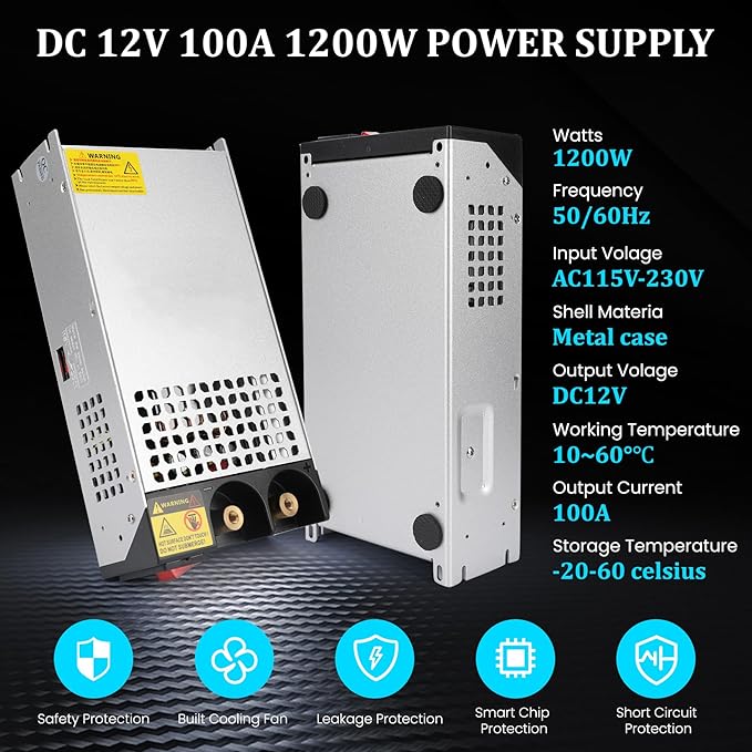 New Version 110V AC to 12V DC Converter Power Supply, AC to DC Converter 100A 1200W Switch Power Supply Transformer for 12V RV, Pump, LED Strip, LCD Monitor