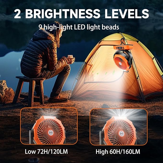 Camping Fan Rechargeable Portable Fan 12-Inch, 40000mAh Battery Powered Fan with LED Light, Digital Display, Timer, 6 Wind Speeds Cordless USB Desk Fan for Tent, Travel (Orange)