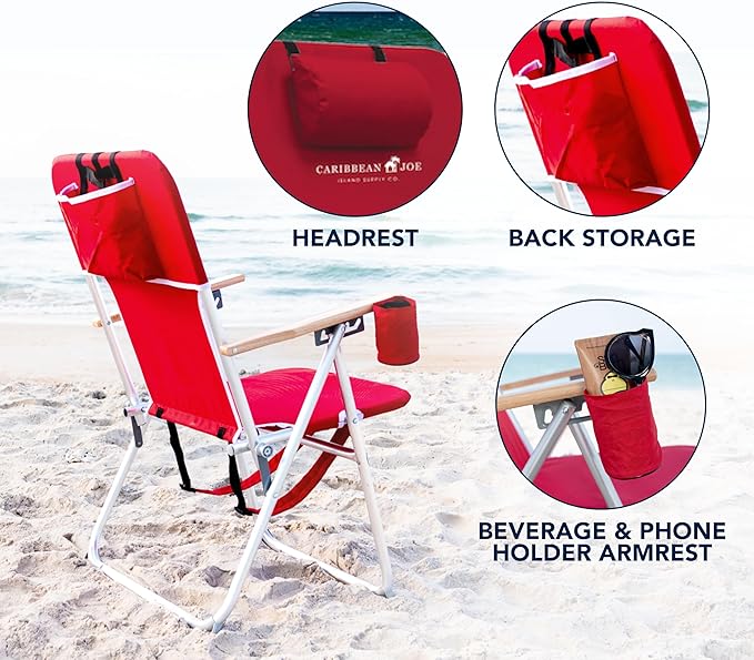 Caribbean Joe Folding Beach Chair, 4 Position Portable Backpack Foldable Camping Chair with Headrest, Cup Holder, and Wooden Armrests, 300 lb Capacity