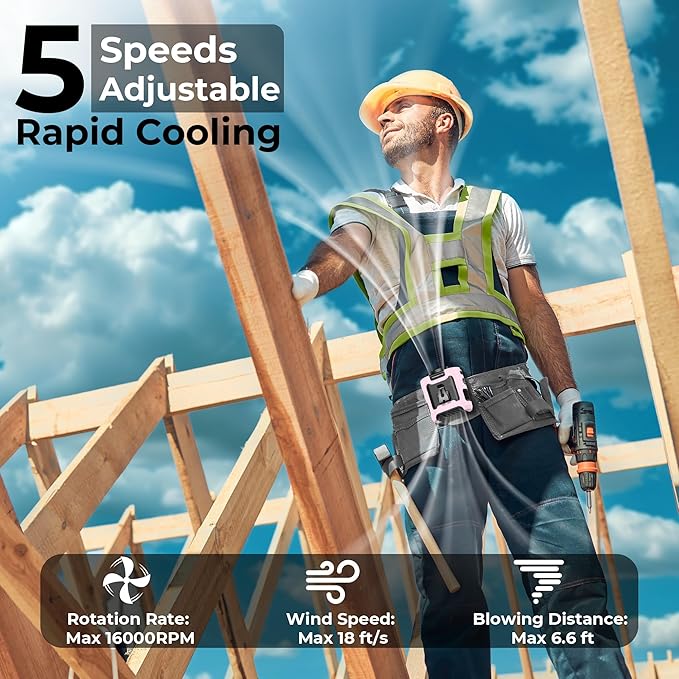 10000mAh Portable Waist Clip Fan,40H Cooling Personal Wearable Fan,5 Speeds 16000RPM Strong Belt Fan,Rechargeable Hands-free Neck Fan With Flashlight for Outdoor Jobsite Camping Traveling (Pink)