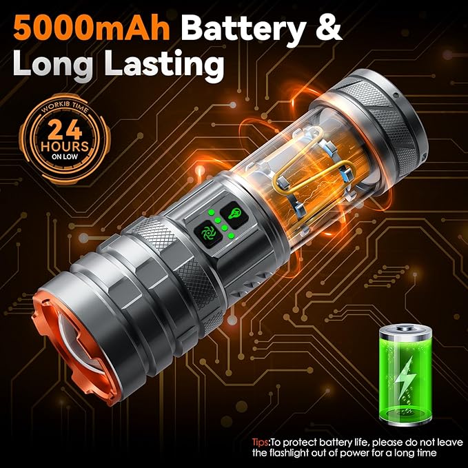 Camping Flashlights,90000 Lumens 5000mAh Super Bright High Lumens Rechargeable Flashlight with 11 Modes,Waterproof,Adjustable LED Multi-Flashlight for Car,Outdoor,Camping,Walking,Tactical