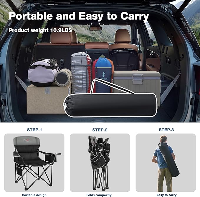 Oversized Folding Camping Chair, Heavy Duty Support 500LBS Outdoor Chair with Cup Holder Storage and Cooler Pouch, Collapsible Padded Arm Chair for Sports Garden Beach Fishing, Black