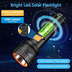 Solar Flashlights, 1500 Lumens Led Solar Powered Flashlights with Digital Display 2000mAh Battery Rechargeable Handheld Flashlights IP65 Waterproof Flashlights for Survival Emergencies, 4 Pack