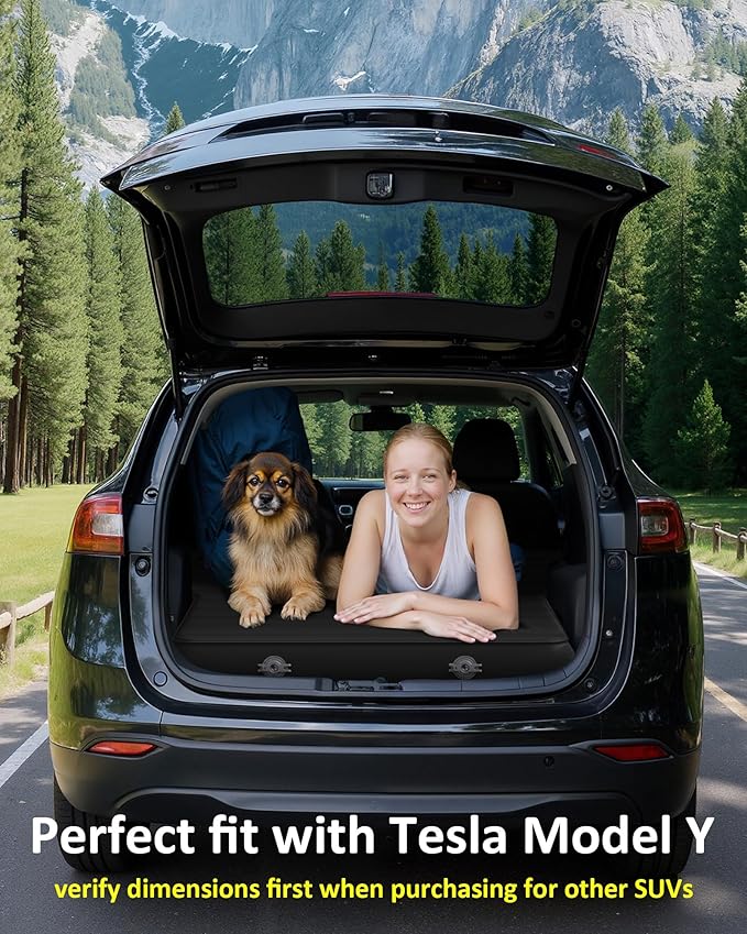 for Tesla Model Y Mattress Memory Foam, 4 inch Comfortable SUV Sleeping Pad with Powerful Air Pump, Inflatable Car Bed for Camping & Road Trips (Black+Gray)