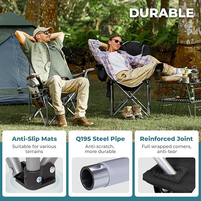 FUNDANGO Folding Camping Chair Heavy Duty, 2 Pack Oversized 440 Lbs Support Outdoor Camp Chairs with Lumbar Support & Cooler Pocket for Fishing Backyard Sports Beach Garden (Black/Grey)
