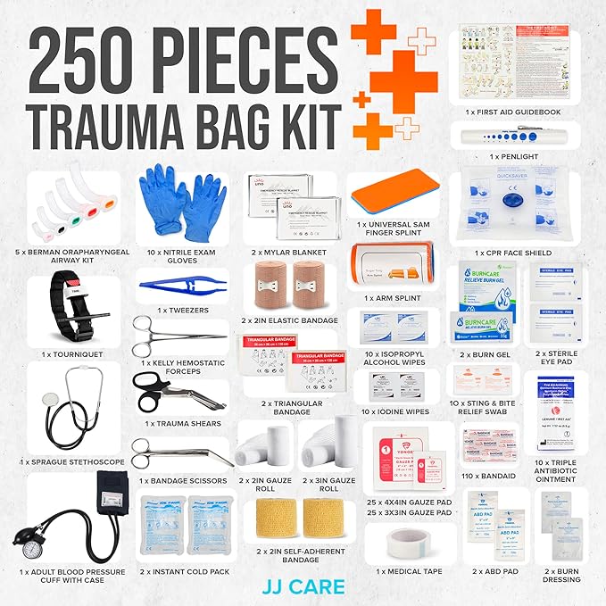 JJ CARE Trauma kit 250PCS First Responder Kit, EMT Bag with Padded Strap, Reflective Medical, Multiple Pockets, EMS First Aid Kit