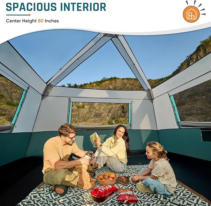 8 Person Instant Cabin Tent, Easy 60 Second Setup Family Tents for Camping, Pop up Camping Tent, Large Waterproof Tents for Outdoor Camping, Spacious Interior, Upgraded Ventilation