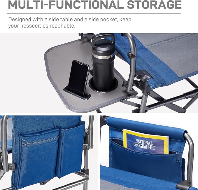 EVER ADVANCED Camping Directors' Chair with Side Table, Portable Folding Chair with Compact Size, Heavy Duty Lawn Chair with Pocket for Camping, Lawn, Sports and Fishing, 400lbs, Blue 2 Pack