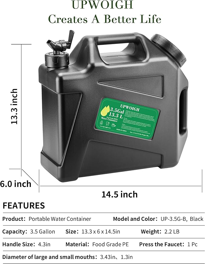 3.5 Gallon Water Jug(14.5x13.3x6in), Overlanding Gear Water Containers Spigot, Camping Essential Truly Leak-Proof Press Faucet Black Water Tank,BPA Free Portable Water Storage for Outdoors Hiking RV