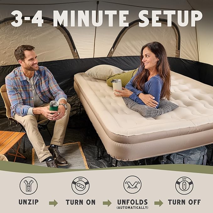 Queen Air Mattress with Frame, Self Inflating/Deflating Bed for Adults - PeakRest Blow Up Bed, Camping Cot with Mattress for Adults - Portable Queen Bed with Travel Rolling Case on Wheels