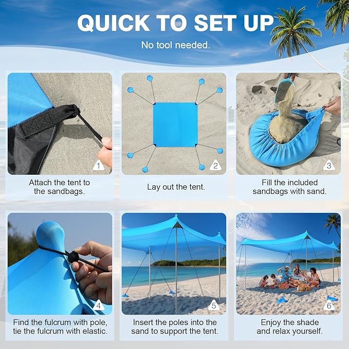 Rhino Valley Beach Tent Shade Canopy UPF50+ Protection, 8 Sandbags, 4 Stability Poles, Outdoor Sun Shelter Umbrella for Sand, Camping, Fishing Essentials