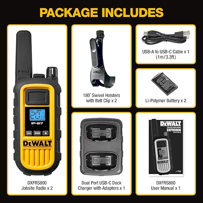 DEWALT DXFRS800 FRS Walkie Talkies Long Range 2 Way Radio, 2 Watt, Waterproof & Rechargeable, 2 Pack