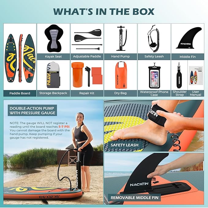 NACATIN Inflatable Stand Up Paddle Board with Kayak Seat,10'6"Upgrade Version Blow Up Paddle Boards for Adults with Premium SUP Accessories&Backpack,Adjustable Paddle,Camera Mount,Fins,Hand Pump