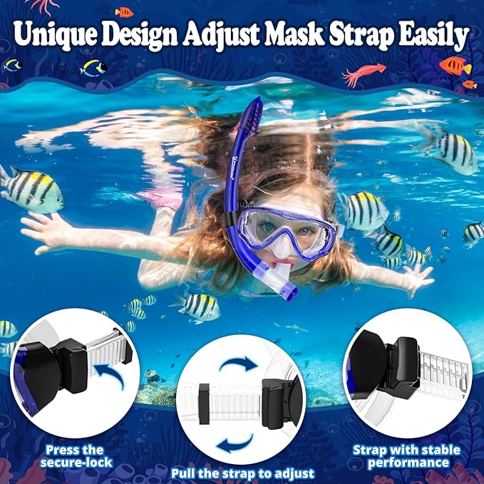 U PHITNIS Kids Snorkel Set for Age 4-14 - Dry Top Snorkeling Gear for Kids Junior & Youth - Childs Diving Mask with Big Eyes for Boys Girls - Anti-Fog Snorkeling Mask and Snorkel Set