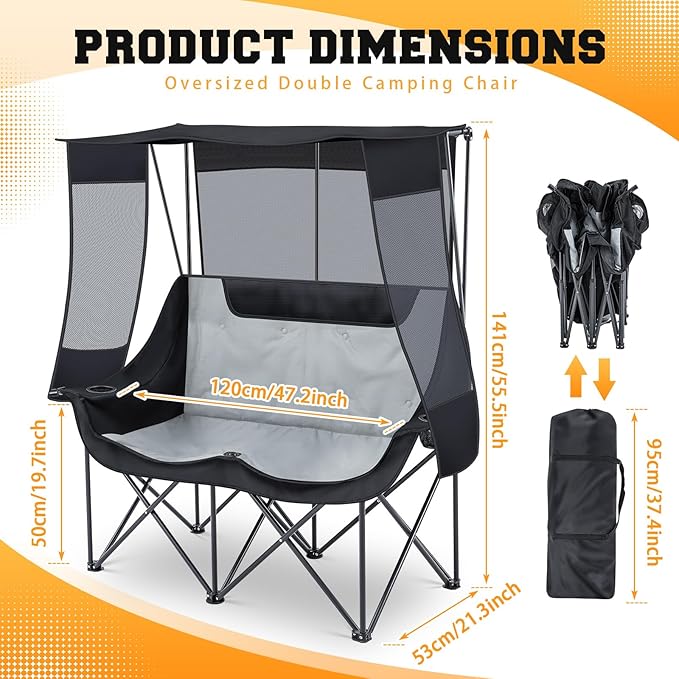 Double Camping Chair with Canopy Shade Oversized 2 Person Camping Sofa Fully Padded Folding Loveseat with Cup Hold and Storage Bag Sturdy for Lawn Beach Fall Outdoor Activities(Black)