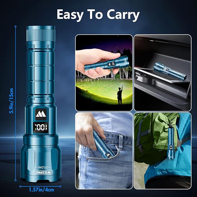 WdtPro LED Rechargeable Flashlight 2 Pack, Super Bright Zoomable 6000 Lumens Tactical Flashlight with LCD Digital Display, 3 Mode Waterproof Flash Light for Camping, Hunting & Home Emergency - Blue