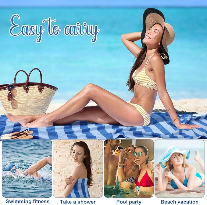 Redbaker 16 Packs 59 x 28 inches Oversized Vertical Stripe Beach Towel Bulk Extra Large Pool Towels Set Microfiber Quick Dry Swim Towel Blanket for Women Men Adult Bath Travel(Blue)