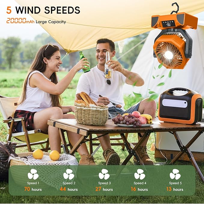 20000mAh Solar Camping Fan, Portable Rechargeable Battery & Solar Powered Fan with 7W Solar Panel, Remote Control, Auto Oscillating, LED Display, Light, Timer for Outdoor Camp, Beach, Travel Tent