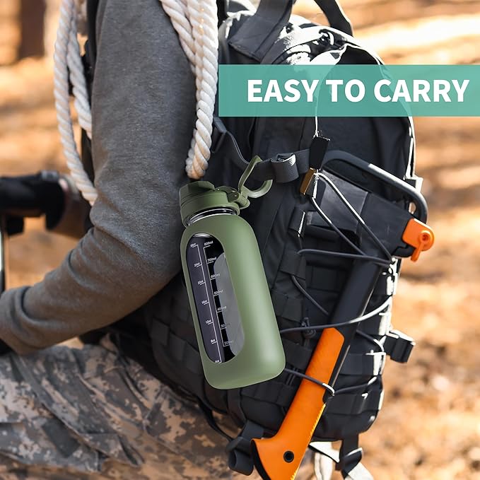 CIVAGO 32 oz Glass Water Bottle with Straw and Handle, Large Sports Motivational Water Bottle Flask with Time Marker, Leakproof Water Jug Canteen with Silicone Sleeve for Gym,Army Green