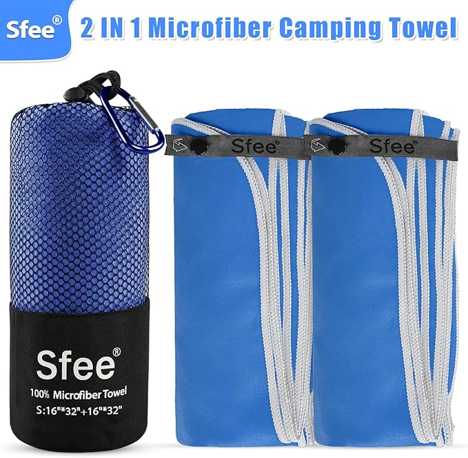 Sfee 2 Pack Microfiber Travel Towel, Quick Dry Camping Towel Super Absorbent Compact Lightweight Sports Gym Towels Set for Gym, Hiking, Pool, Backpacking, Bath, Yoga