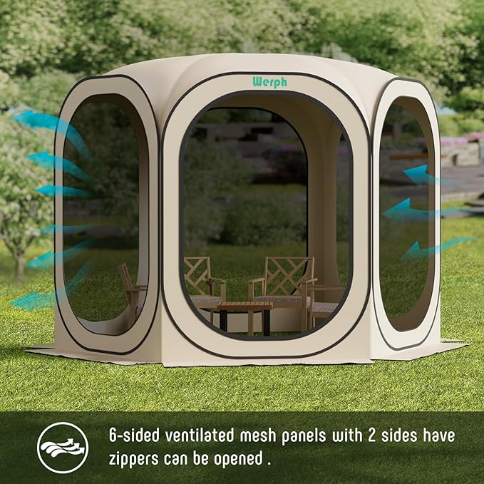 Screen Tent Pop-Up, Portable Tent Canopy with Mesh Mosquito Net, Screen House Room Canopy Shade Screen Houese 10x 10 FT with Carry Bag for Patio, Backyard, Sports & Outdoors Activities, Beige