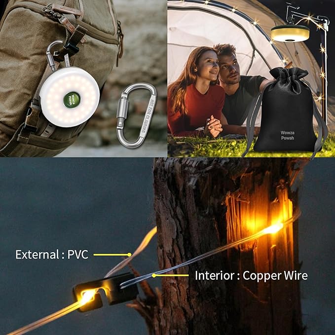 4 in 1 Camping String Lights 32.8FT Outdoor Quick Storage Camping Lights String & Lanterns, 8 Modes Retractable Camping Essentials Waterproof Camp Lights for Tent Gear