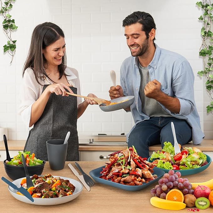 Wheat Straw Dinnerware Sets,48 Piece Unbreakable Dinnerware Sets,Reusable Wheat Straw Plates and Bowls Sets of 6 Person,Camping Mess Kit for Travel,Camping Essentials,Picnic,Home,Party