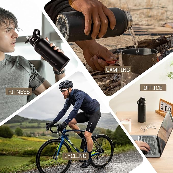 ONETIGRIS 32 oz Insulated Water Bottle with Straw - Tactical Stainless Steel Water Jug, Leakproof Wide Mouth Sport bottle with 3 Lids and Sleeve for Travel, Gym, Camping, Hiking