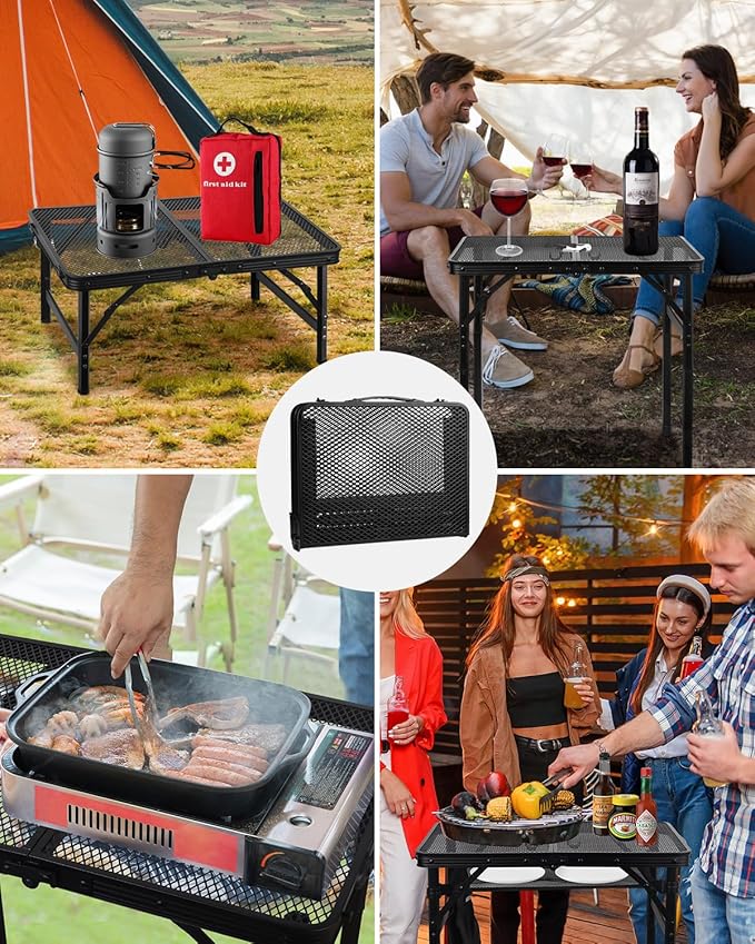 MSDADA Folding Grill Table, Height Adjustable Aluminum Table with Mesh Desktop and Mesh Bag, Portable Grill Table for Outdoor Camping, Picnic, Patio, Dining, BBQ, Party, Black, 23.6×15.7 inch