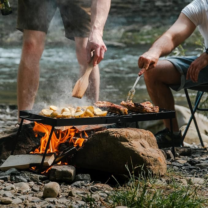24" Heavy Duty Folding Campfire Grill, Food-Safe Cooking Surface, Compact Folding Design, Portable Grill Grate & Griddle for Campfire Cooking, Australian Designed & Owned